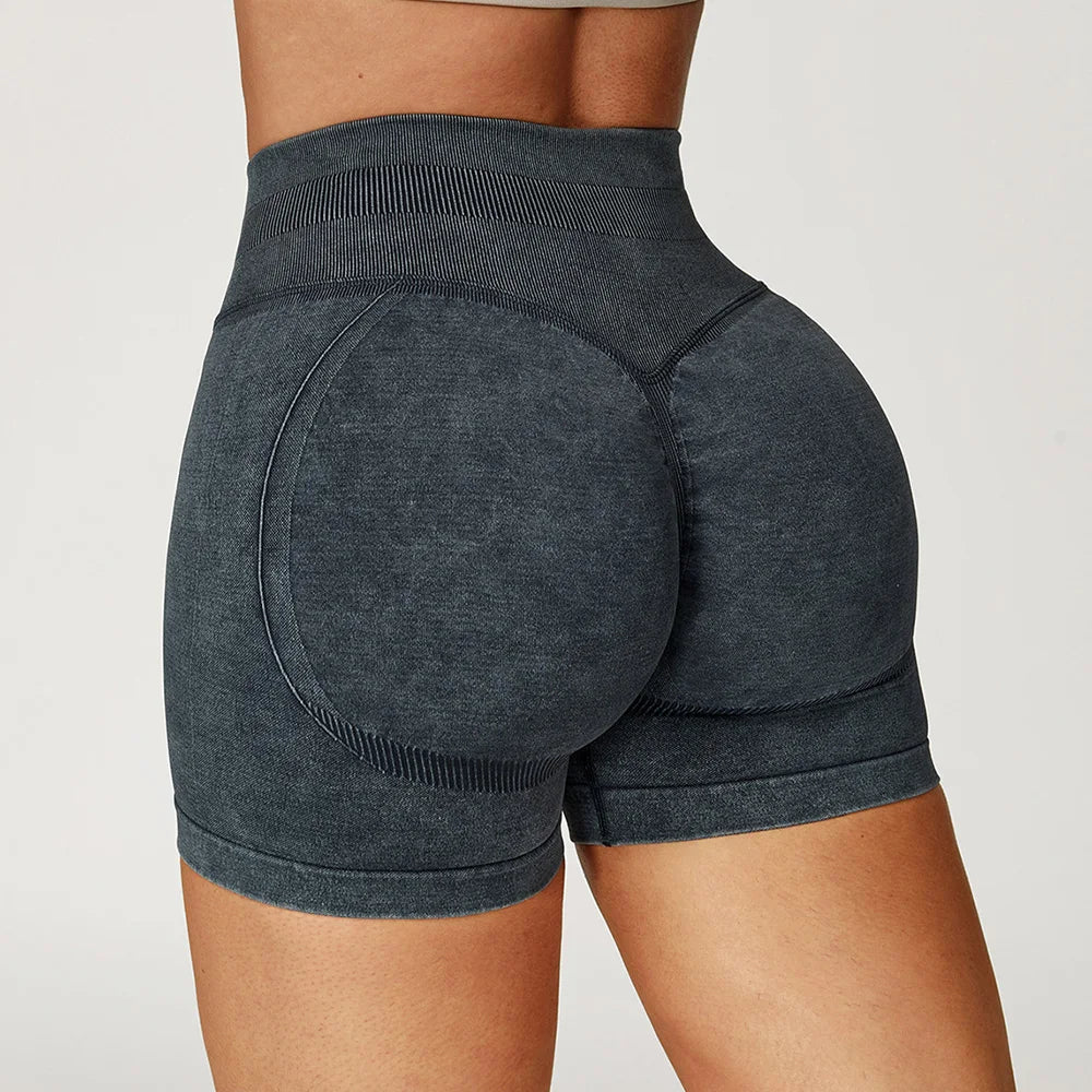 Xooie Fit acid wash workout shorts in dark gray with high waist and contour stitching
