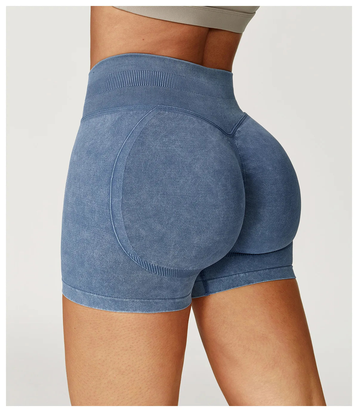 Xooie Fit acid wash workout shorts in blue with high waist and seamless design for enhanced comfort