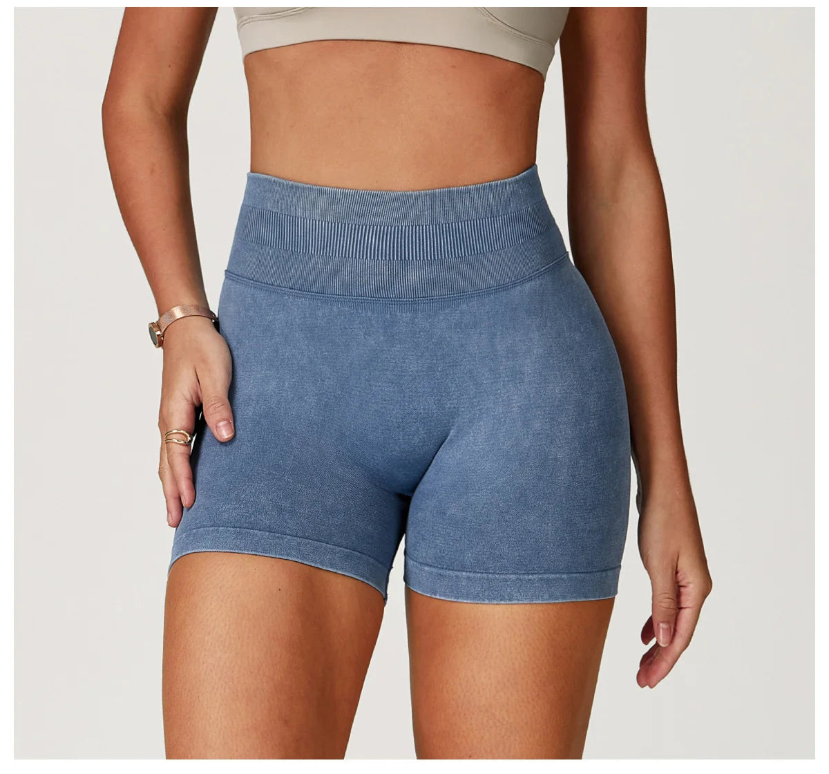 Xooie Fit acid wash workout shorts in blue with high waistband and seamless design