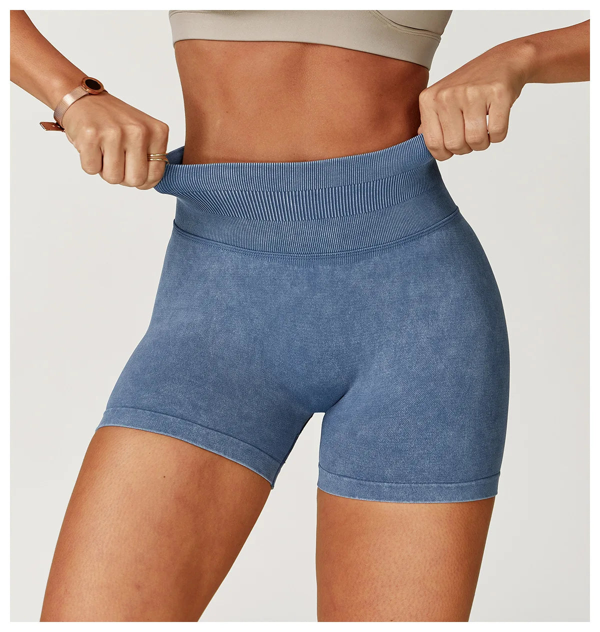 Xooie Fit acid wash workout shorts in blue with high waistband and stretchy fit