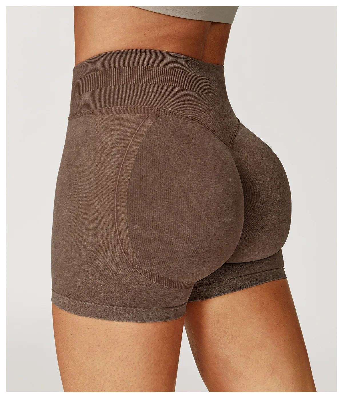 Xooie Fit acid wash workout shorts in brown with high waistband and contour design