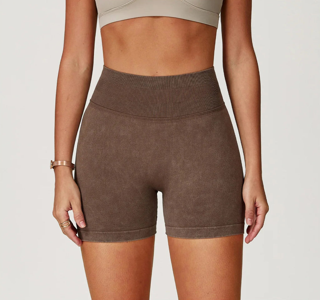 Xooie Fit brown acid wash workout shorts with high waistband and snug fit for exercise