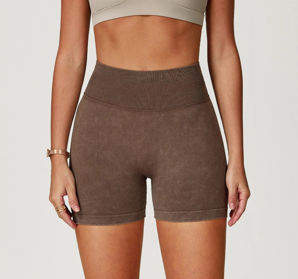 Xooie Fit brown acid wash workout shorts with high waistband and snug fit for exercise