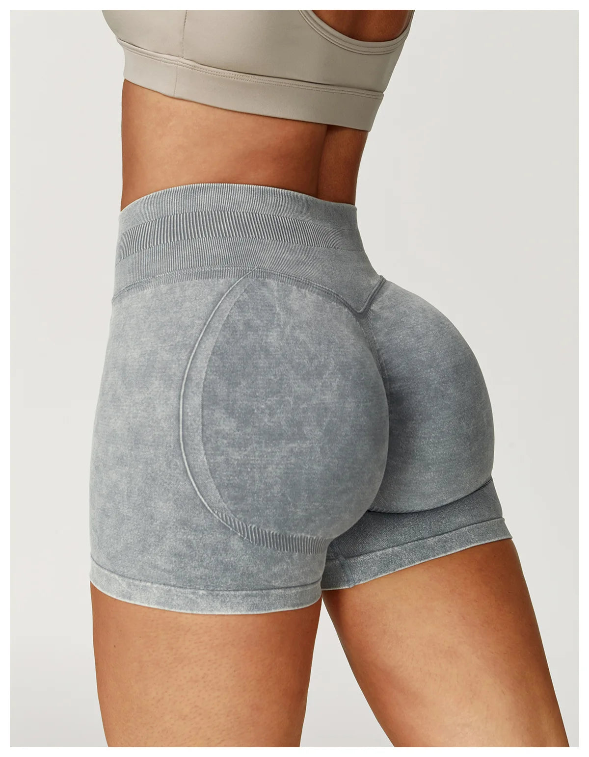 Xooie Fit acid wash workout shorts in grey with high waistband and seamless design for comfort
