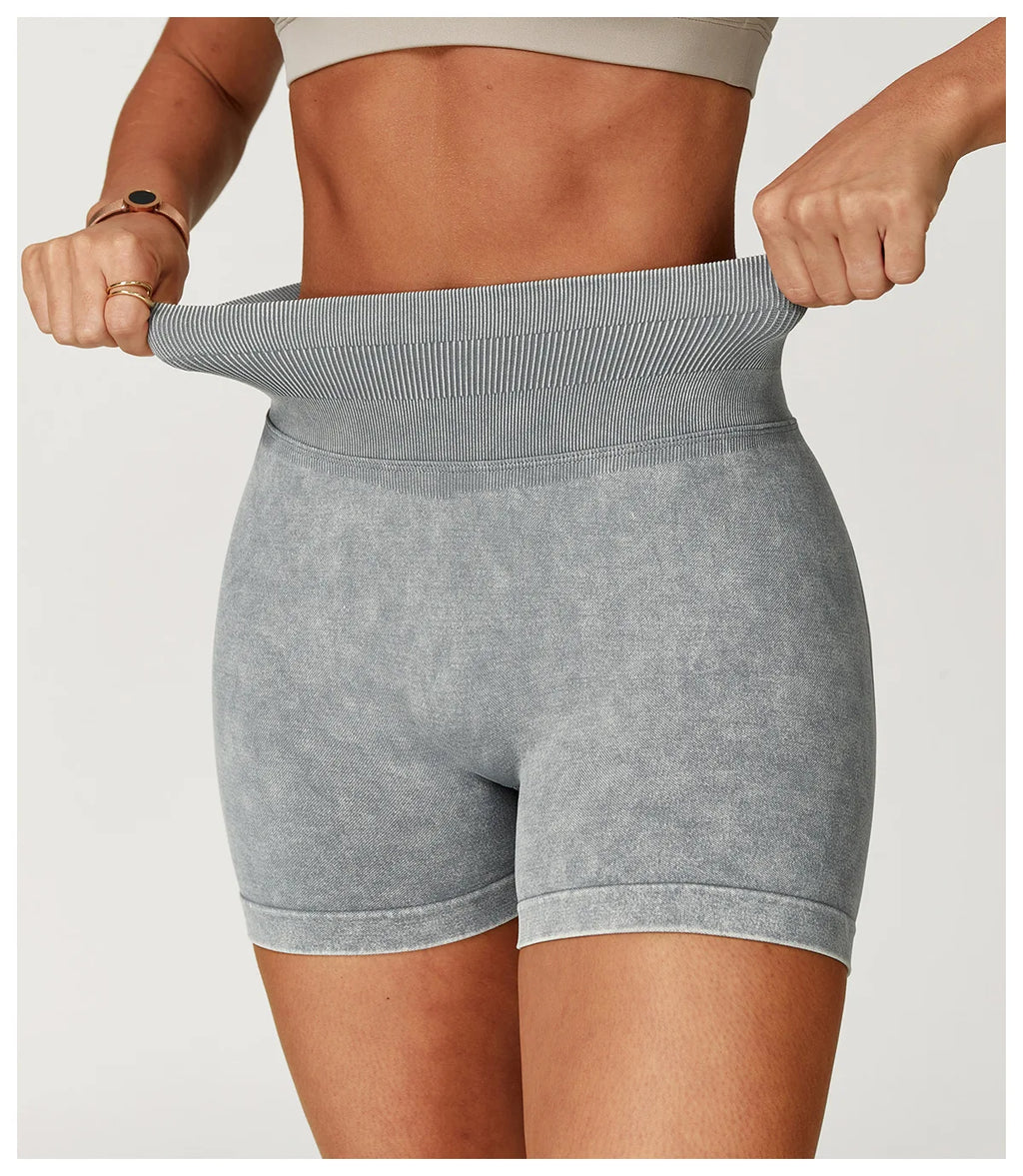Xooie Fit acid wash workout shorts with high waistband and stretchy fabric for a comfortable fit