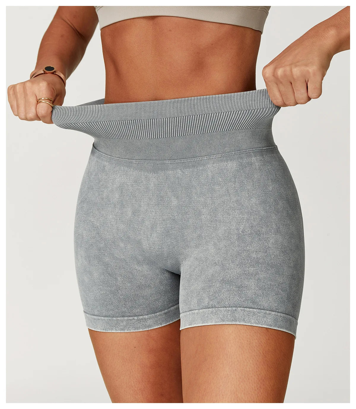 Xooie Fit acid wash workout shorts with high waistband and stretchy fabric for a comfortable fit