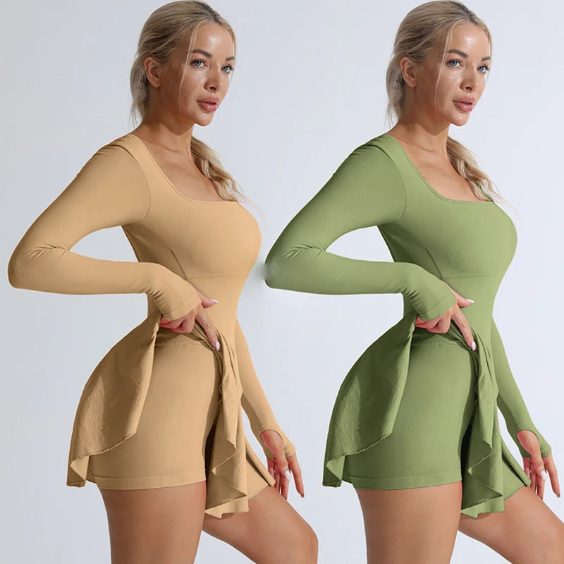 Two active dress colors: butter and onion green; long sleeves, flared skirt, built-in shorts.