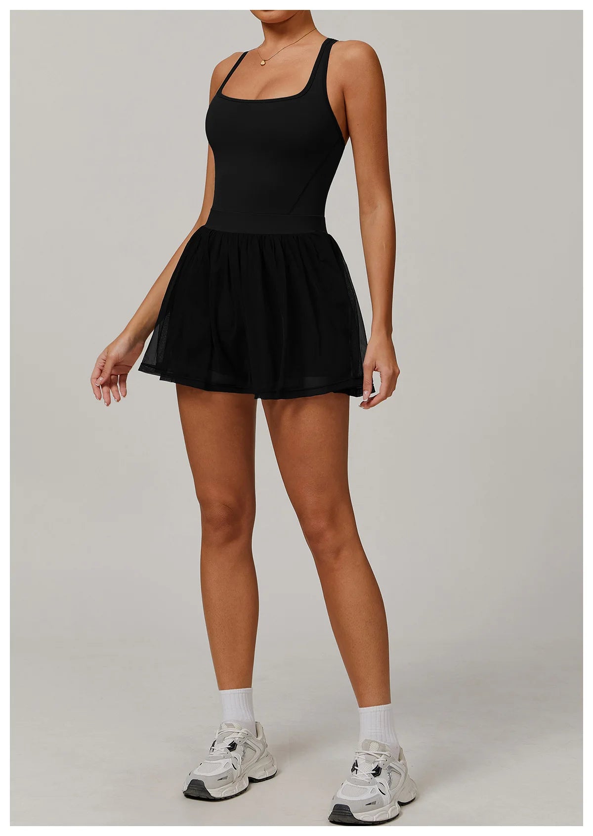 Sleeveless active dress with gathered sheer tulle skirt, black