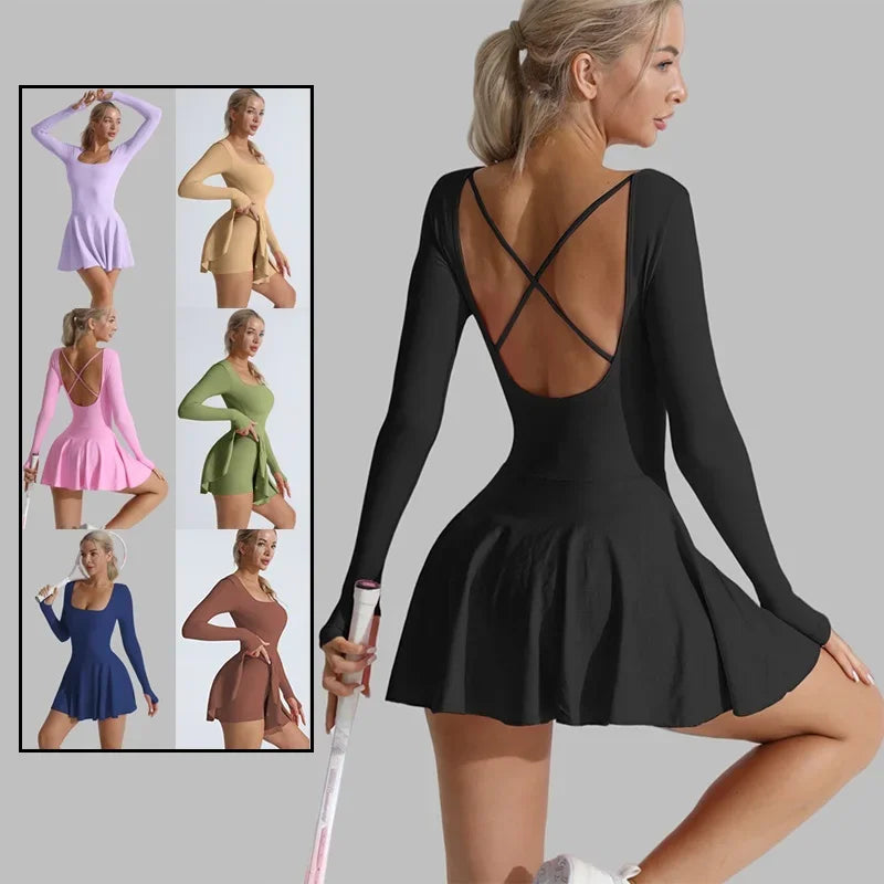 Long-sleeve active dress with open X-back, flared skirt and built-in shorts (black).