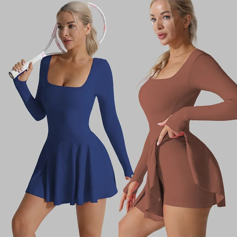 Two active dresses: navy blue and brown, long sleeves with flared skater skirt + shorts.