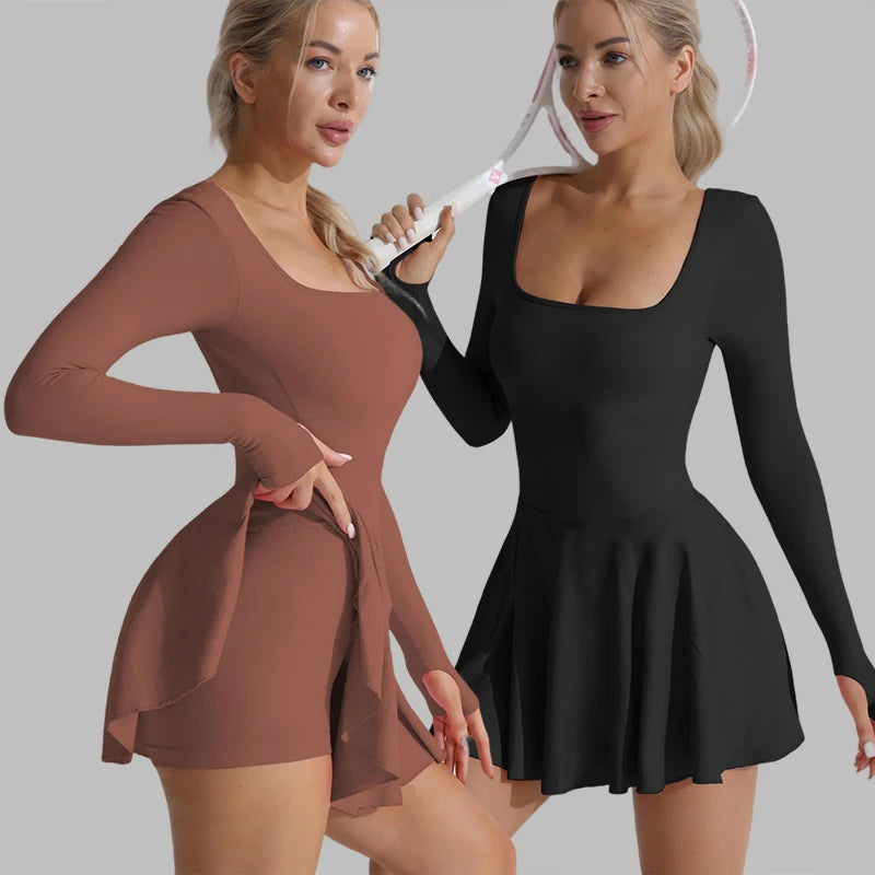 Zwei Active Dresses: rehbraunes und schwarzes, langarmiges Kleid mit weit schwingendem Rock
