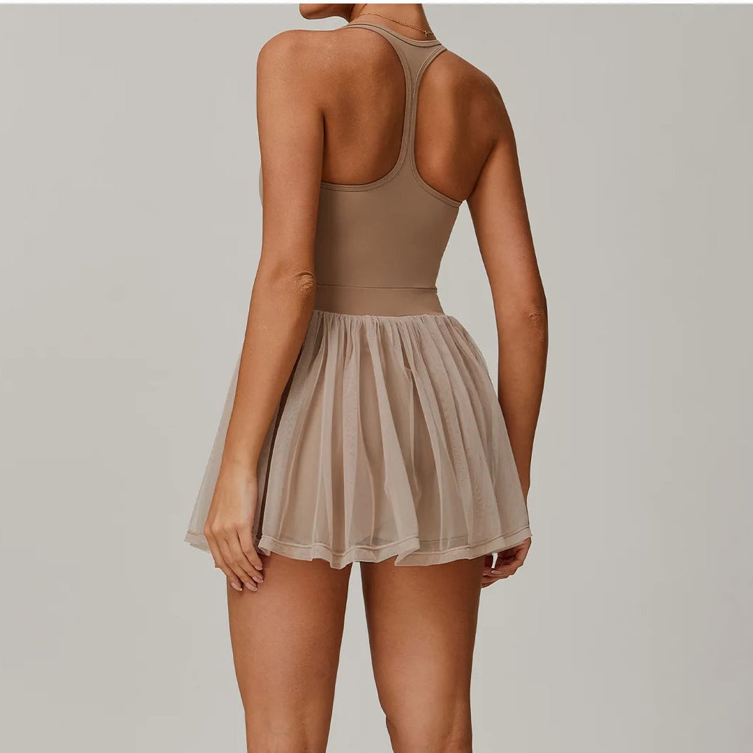 Racerback active dress with transparent tulle skirt, tan