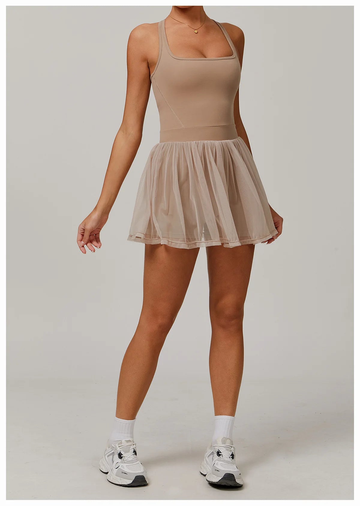 Fitted active dress with gathered transparent tulle skirt, tan
