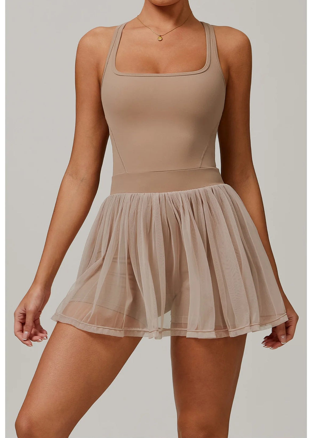 Badminton Bae Active dress, transparent tulle skirt over fitted bodice, tan
