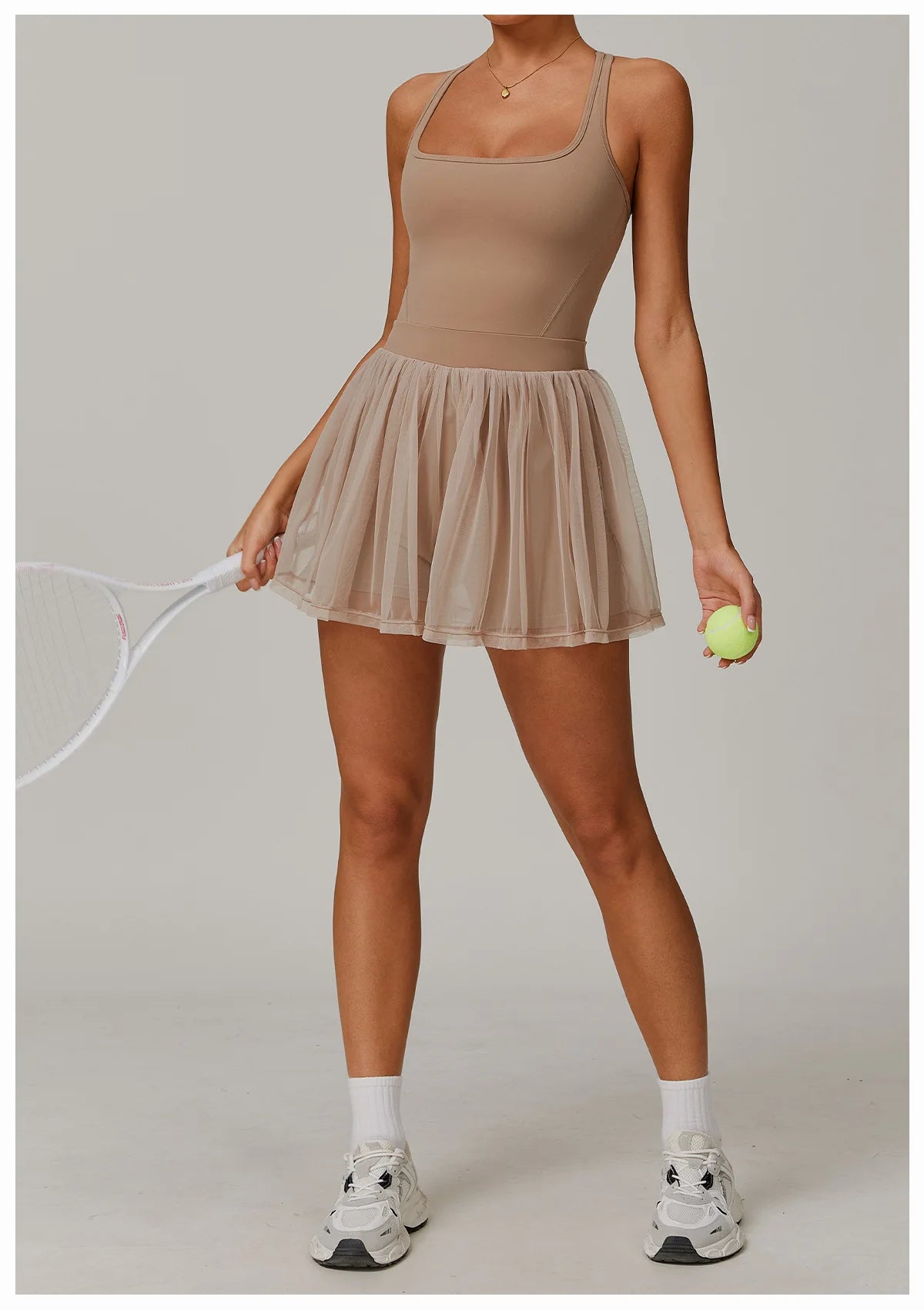 Active dress with fitted bodice and short transparent tulle skirt, tan
