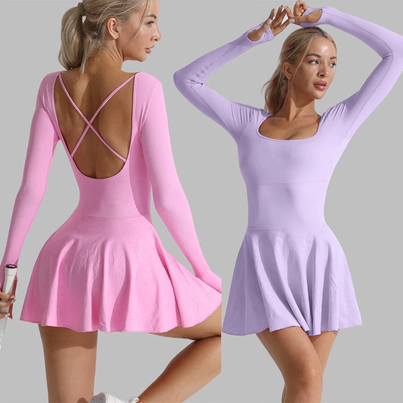 Long-sleeve active dress in pink and light purple, open X-back, flared skater skirt + shorts.