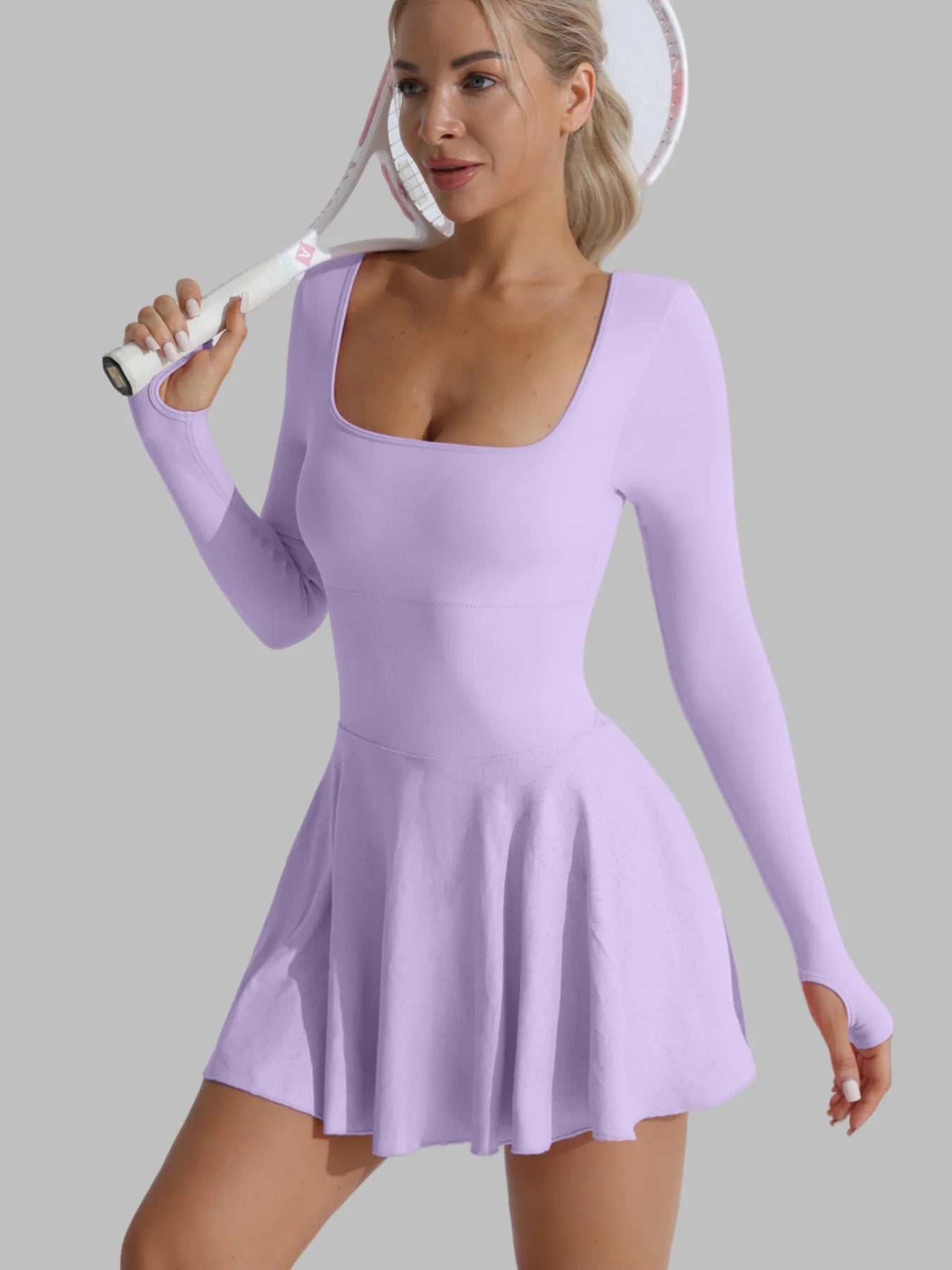 Light purple long-sleeve active dress with flared skirt and built-in shorts