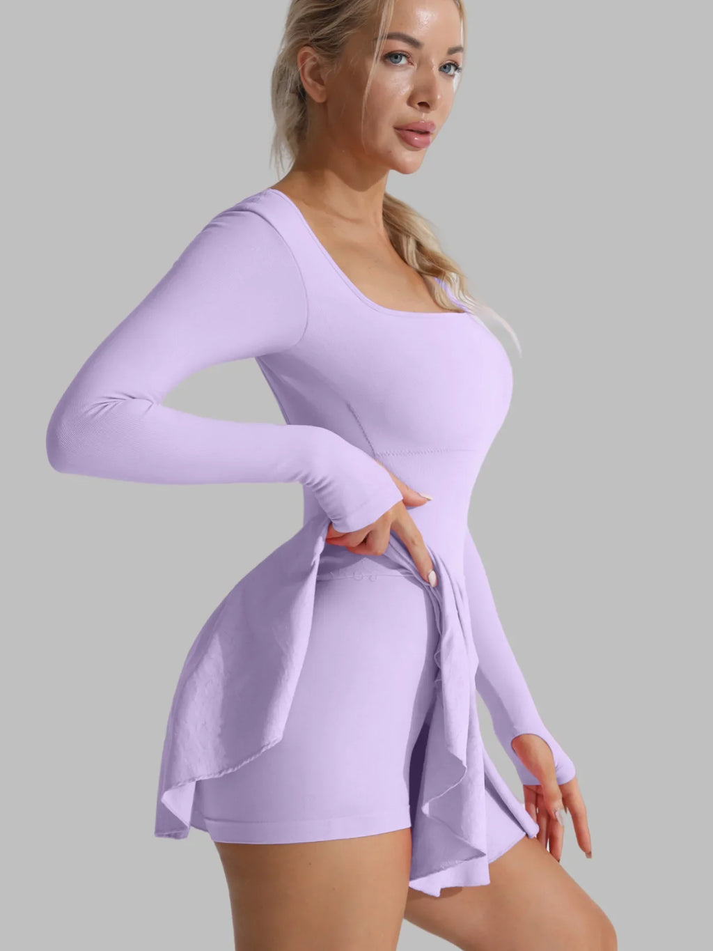 Light purple long-sleeve active dress with side drape and built-in shorts