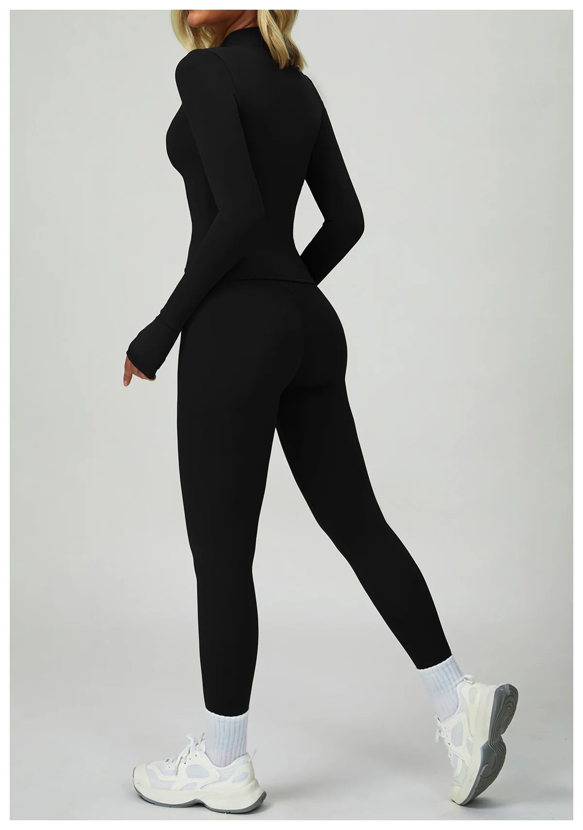Ash black active set: long-sleeve top and leggings, back view