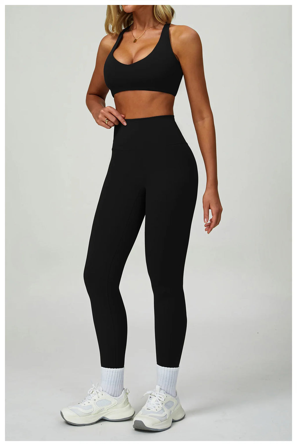 Ash Black Sport-BH mit passenden Leggings, breiter Träger, hoher Bund