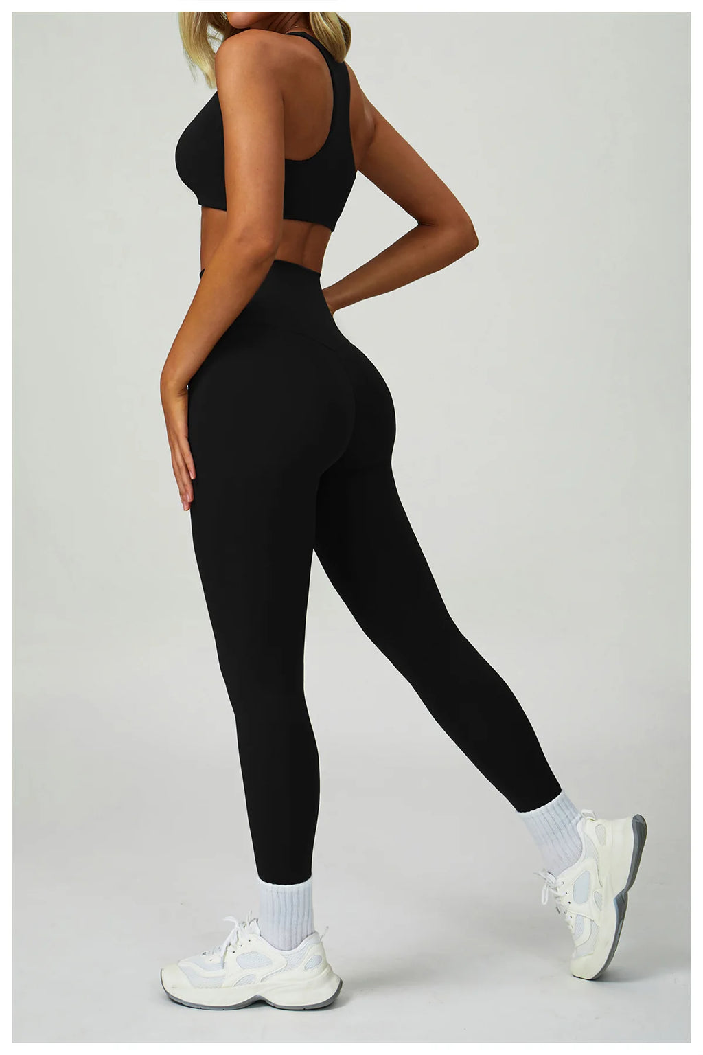 Ash Black Sport-BH und Leggings, Rückansicht, taillierter Schnitt, knöchellang