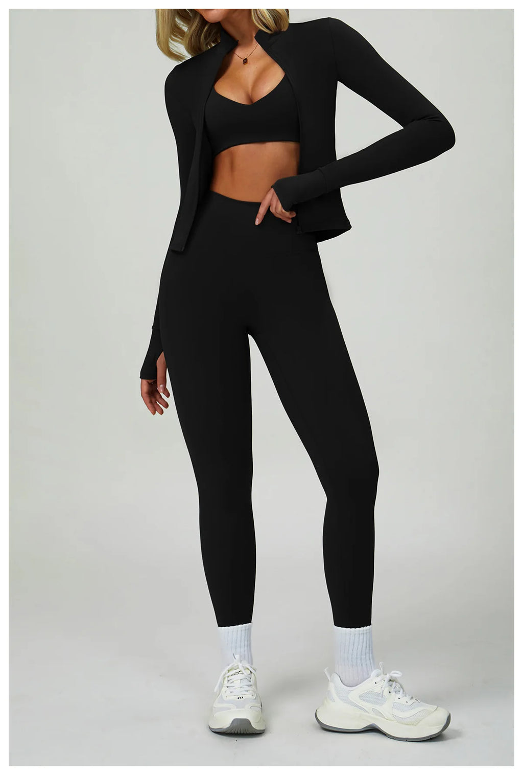 Ash black sports bra and leggings set, long sleeves with V-neck