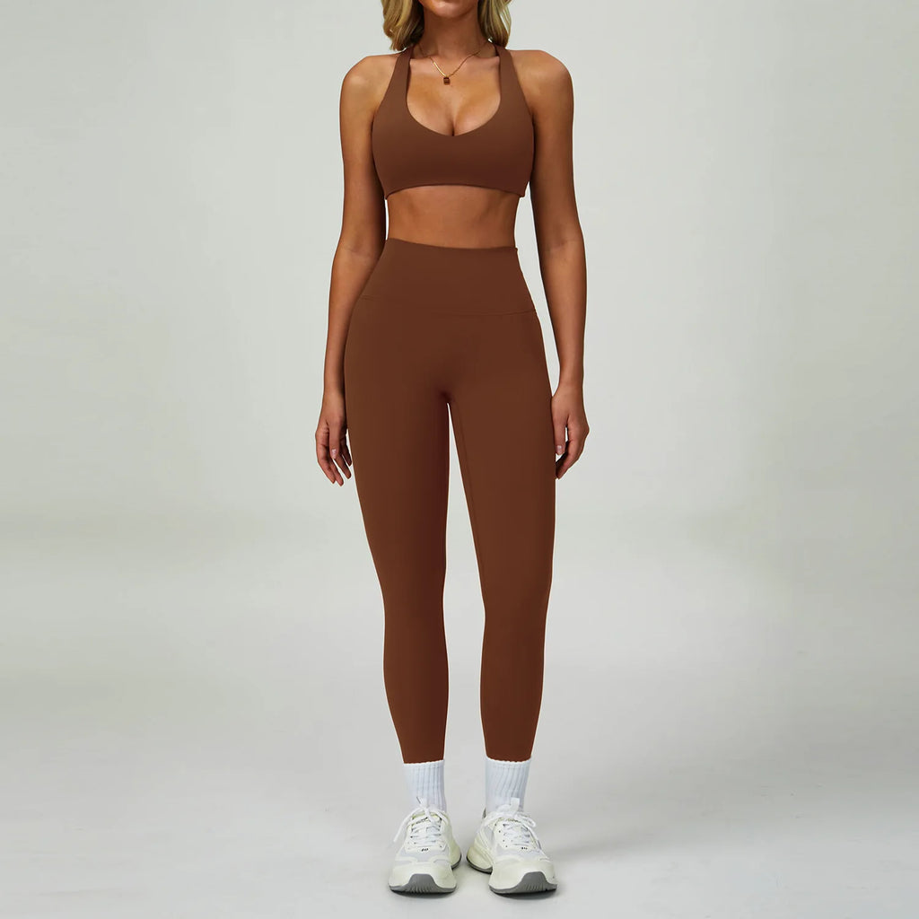 Brown Sport-BH mit passenden Leggings, nahtloser Look, hoher Bund