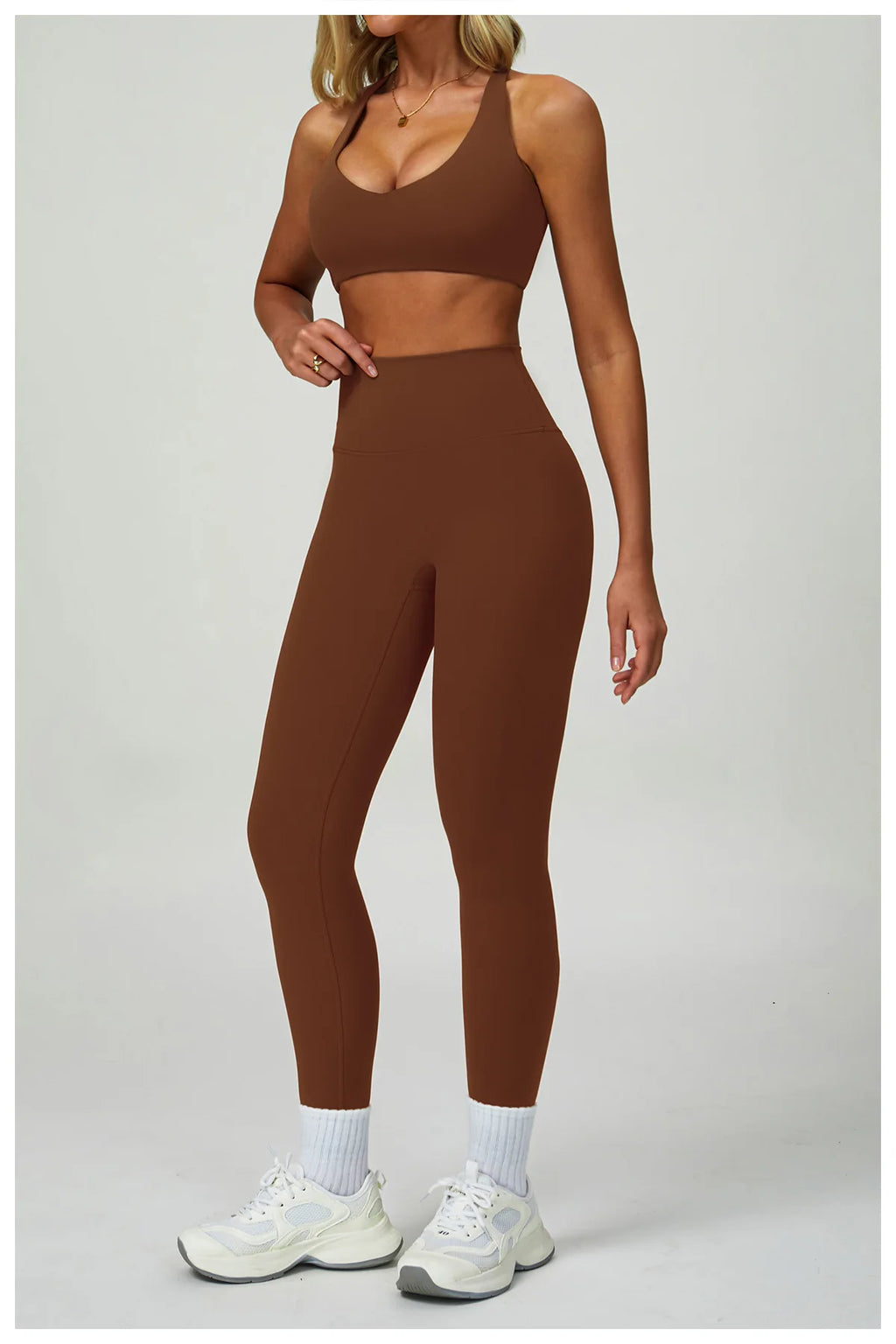 Brown Leggings-Set mit Crop-Sport-BH, V-Ausschnitt, blickdichte Stretch-Optik