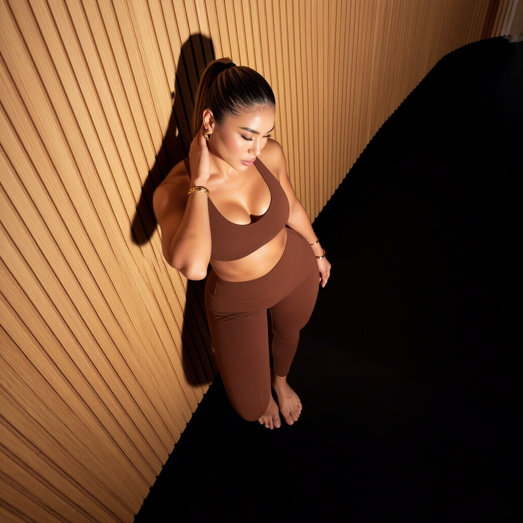 Bra und Leggings-Set, braun: Sport-BH-Top und High-Waist-Leggings in schräger Ansicht