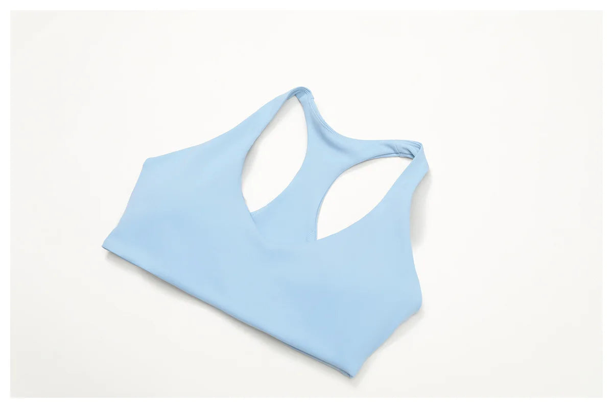 Crystal blue sports bra with cutout racer-back style