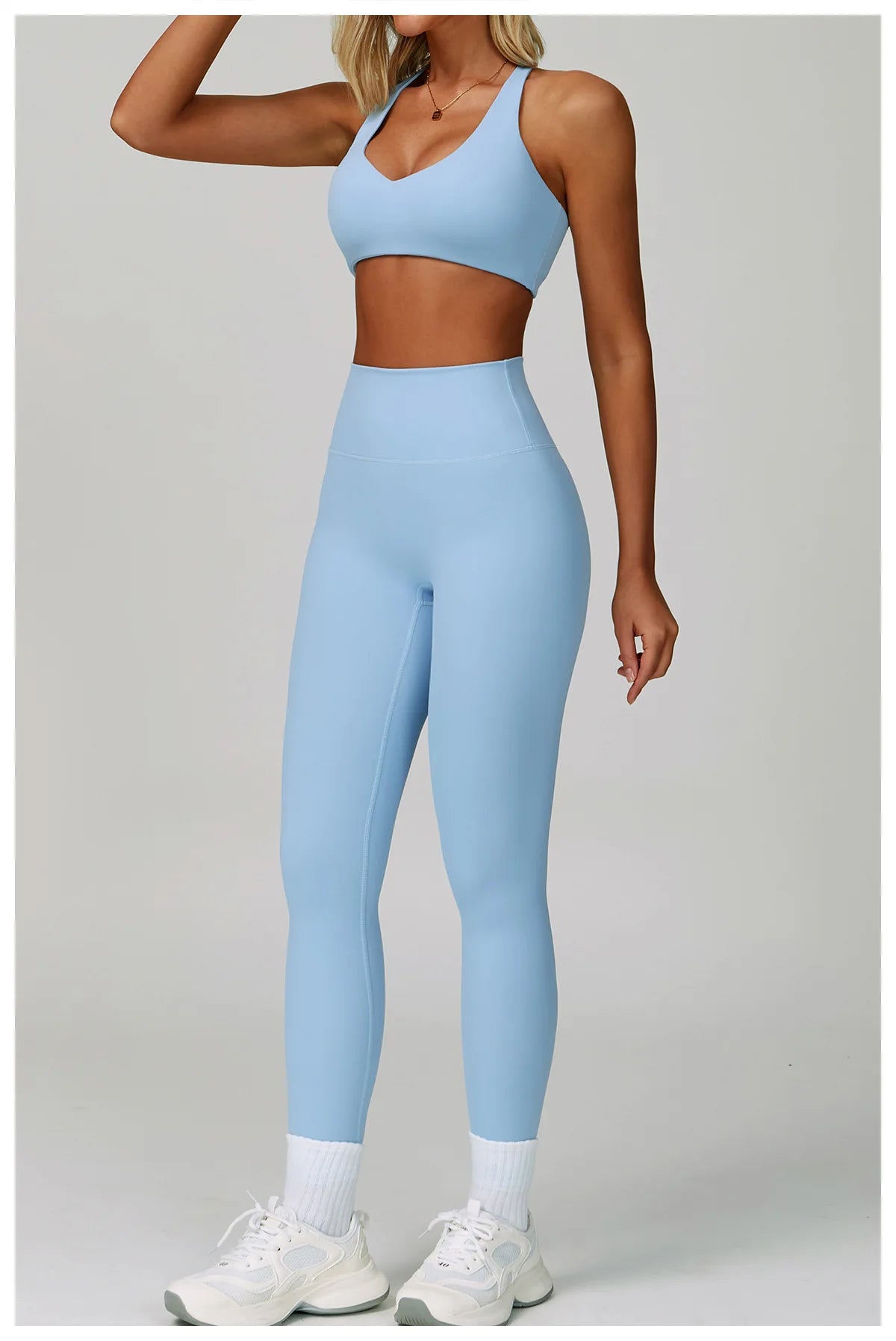 Crystal Blue Leggings im High-Waist-Look, eng anliegend, abgestepptes Bein