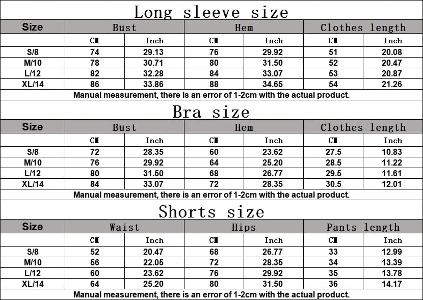 Size chart with long sleeve, bra, shorts, and pants measurements