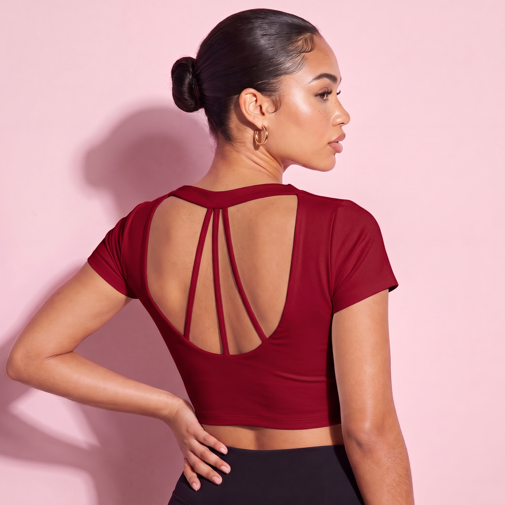Cross-over crop top, wine red strappy open back, short sleeves