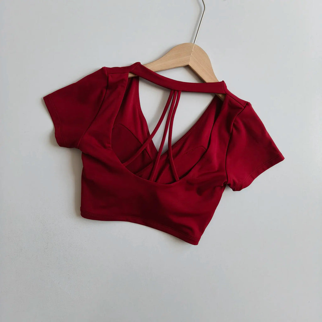 Wine red cross-over active short sleeve crop top with strappy back cutout