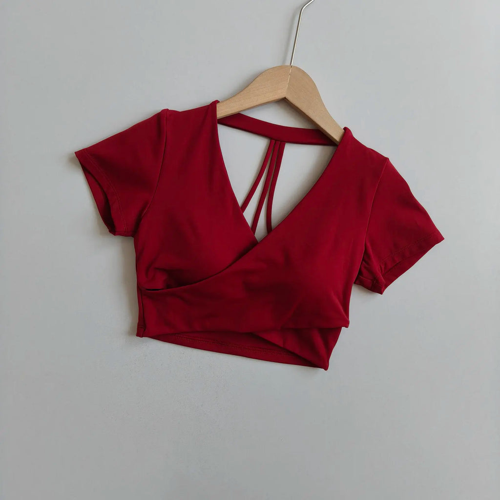 Wine red cross-over active short sleeve crop top with crisscross back straps