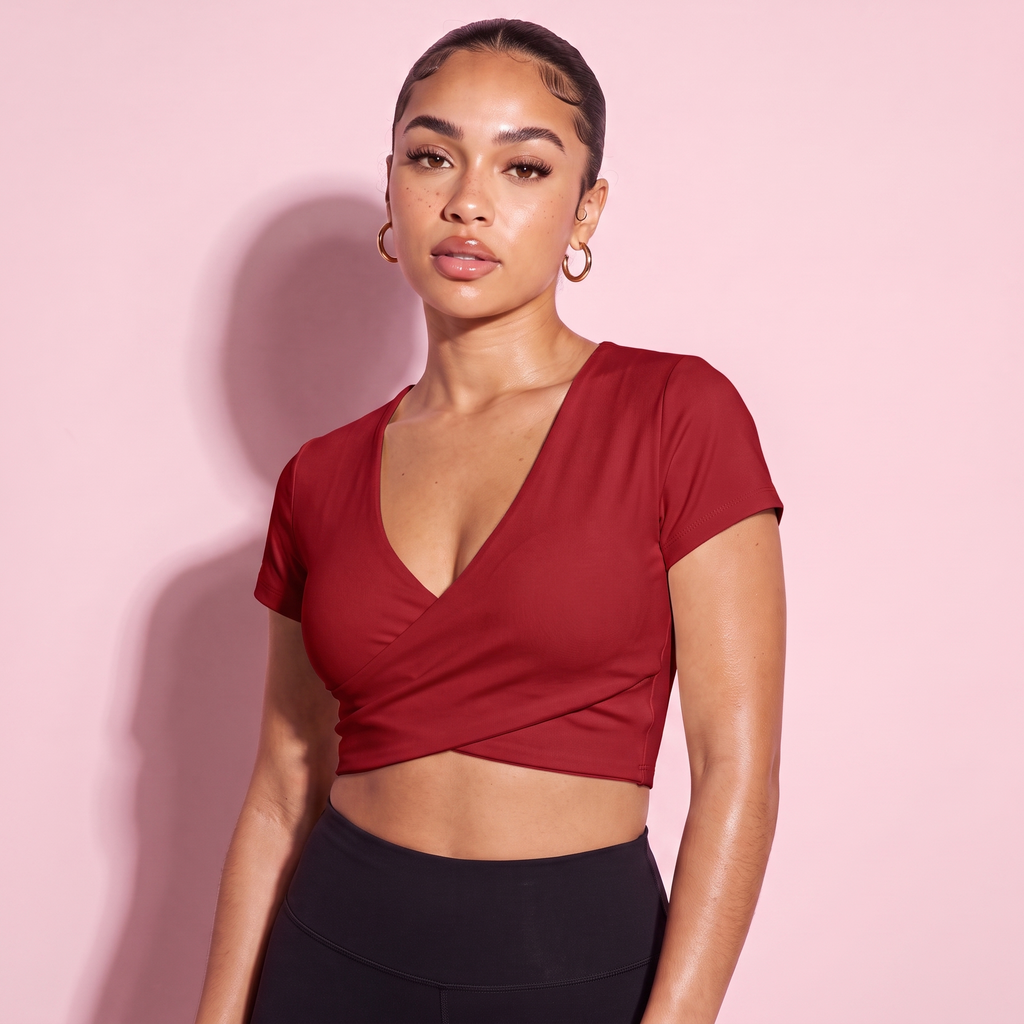 Cross-over crop top, wine red V-neck short sleeves, wrap front hem
