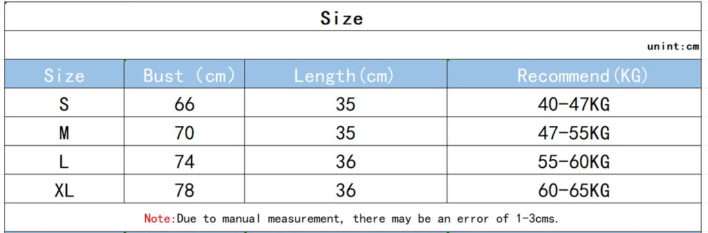 Size chart with bust and length measurements for the active crop top