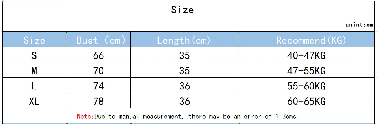 Size chart with bust and length measurements for the active crop top