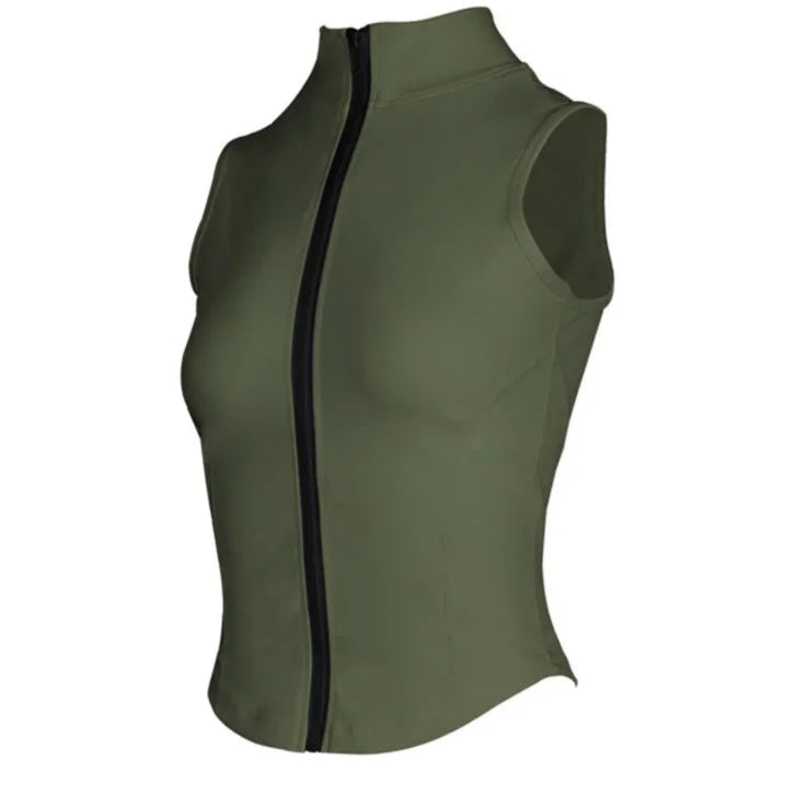 Olive green Xooie Fit zipper vest active tank top for comfortable workouts and outdoor activities