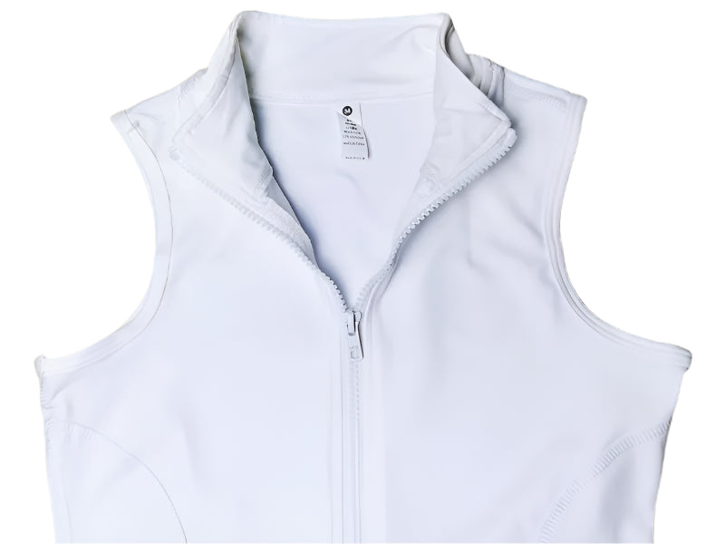 White Xooie Fit zipper vest active tank top with a stylish high collar and zippered front