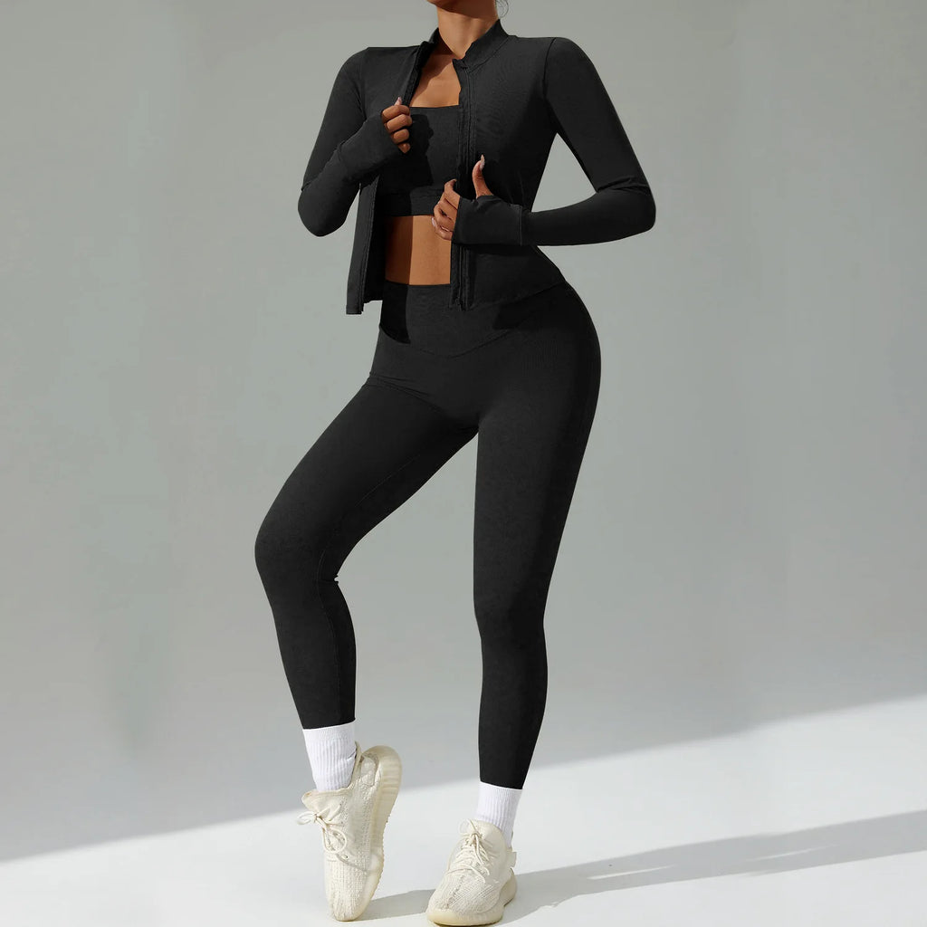 Xooie Fit 3-piece activewear set in black featuring a jacket, tank top, and leggings for workouts