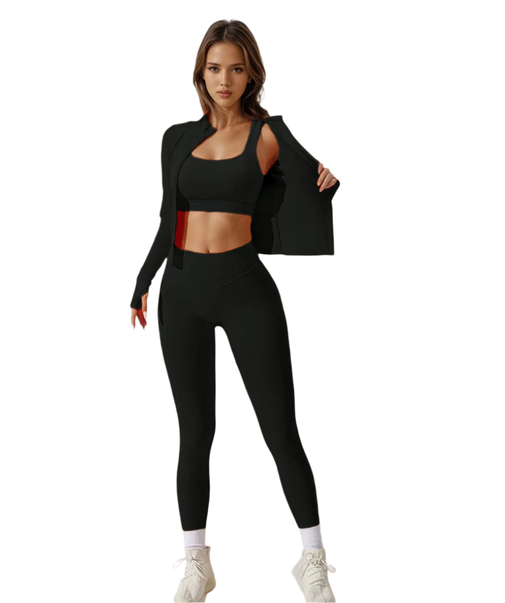 Xooie Fit 3-piece activewear set in black, featuring a crop top, leggings, and a stylish jacket