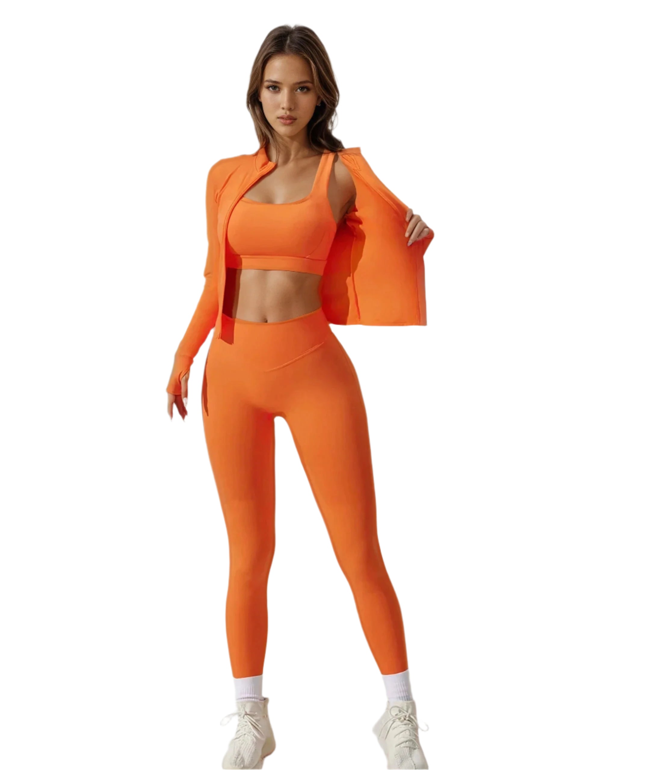 Xooie Fit 3-piece activewear set in vibrant orange for stylish workouts and comfort