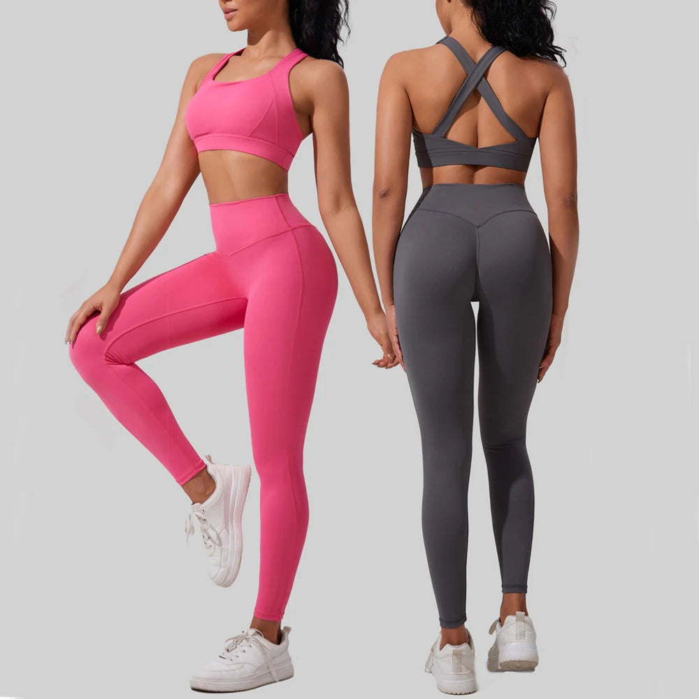 Xooie Fit 3-piece activewear set featuring vibrant pink sports bra, matching leggings, and stylish gray leggings