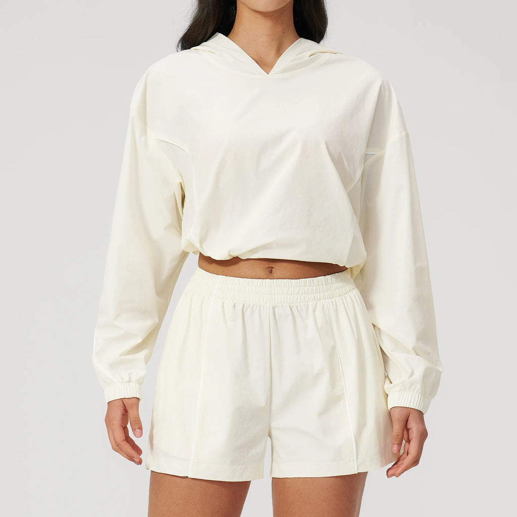 Women's hooded sports set, light cream: cropped top and wide-leg pants with elastic waist