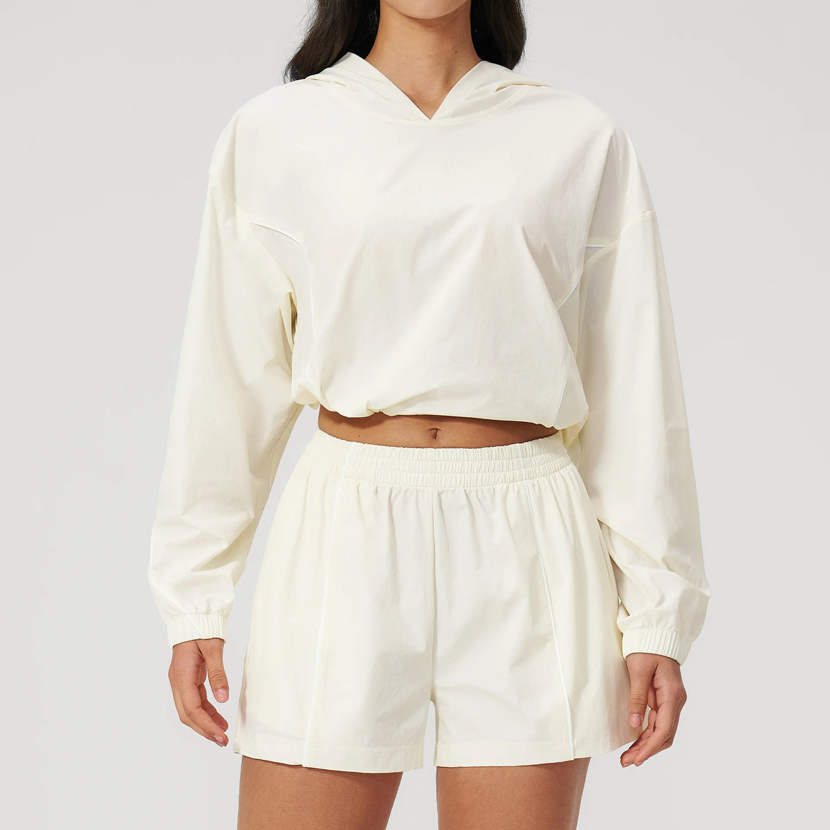 Women's hooded sports set, light cream: cropped top and wide-leg pants with elastic waist