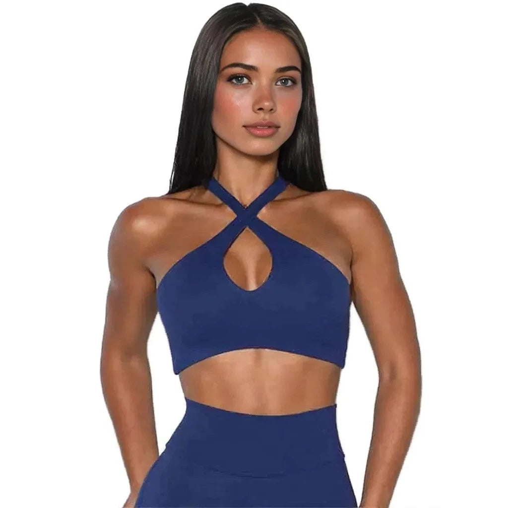 Navy Xooie Fit activewear bra for women with a stylish cross-back design and keyhole detail