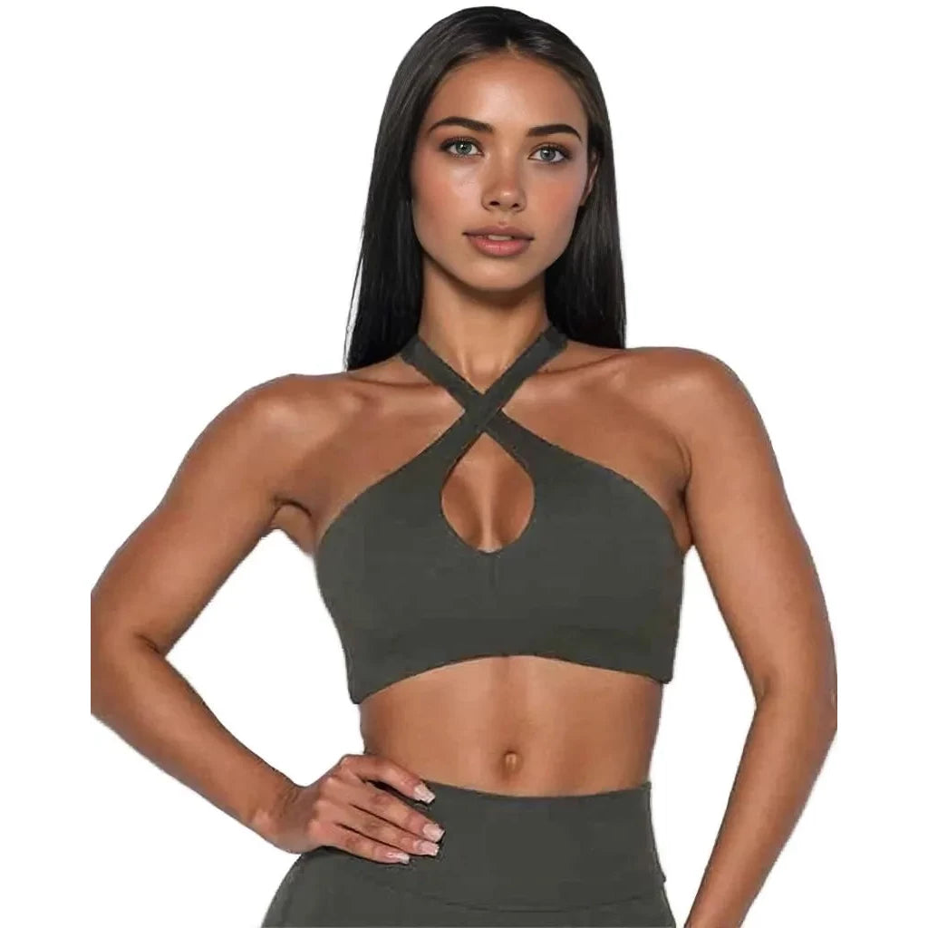 Xooie Fit Activewear bra for women in dark green with a stylish cross-back design