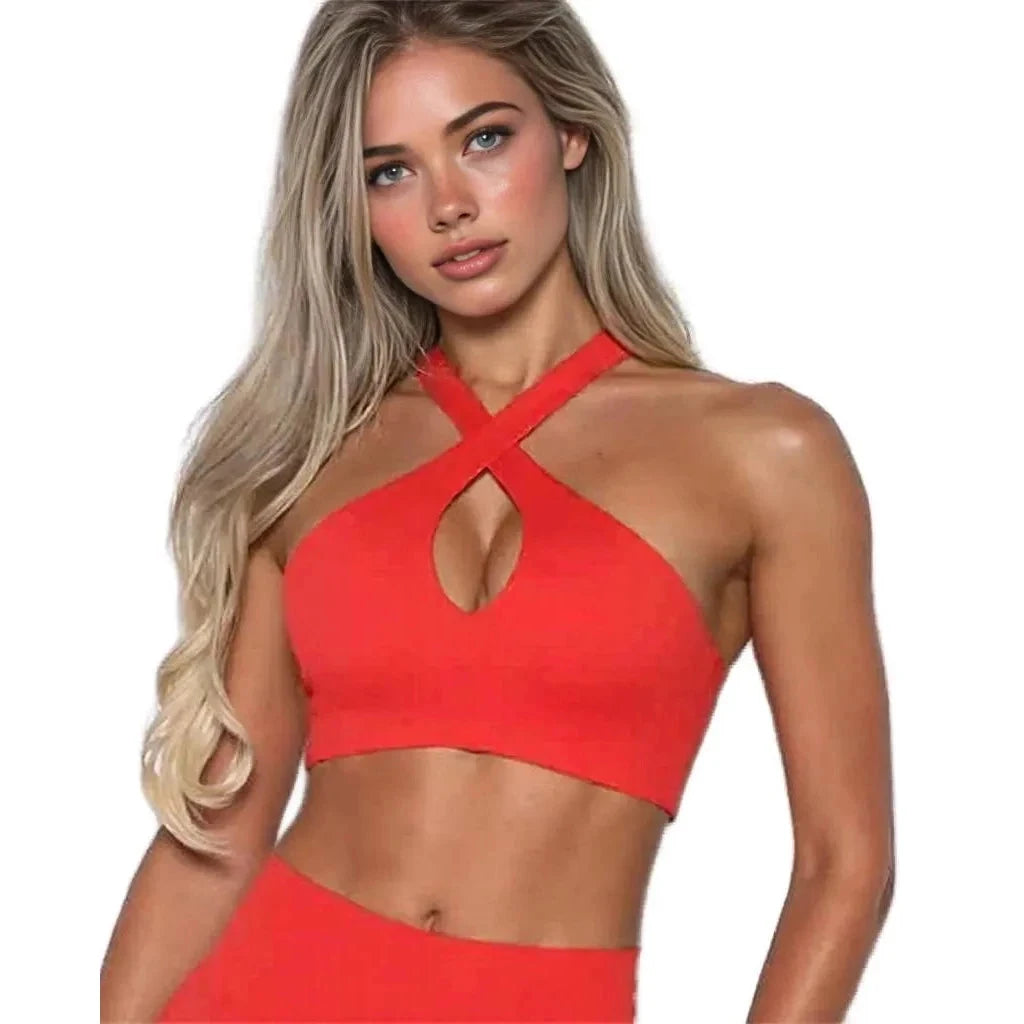Red Xooie Fit activewear bra for women with cut-out design and crisscross straps