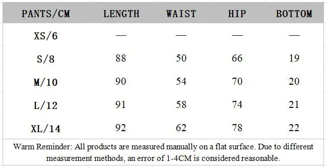 Pants size chart table: length, waist, and hip with bottom column for active outfit